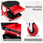 Rolling Garage Mechanic Stool with Magnetic Drawer & Segmented Tool Tray, 330 LBS Weight Capacity PU Padded Seat 4 Universal PP Wheels C-Shaped Metal Frame Red Black Workshop Roller Seat - Image 4