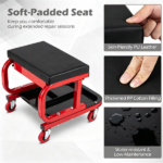 Rolling Garage Mechanic Stool with Magnetic Drawer & Segmented Tool Tray, 330 LBS Weight Capacity PU Padded Seat 4 Universal PP Wheels C-Shaped Metal Frame Red Black Workshop Roller Seat - Image 5
