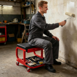 Rolling Garage Mechanic Stool with Magnetic Drawer & Segmented Tool Tray, 330 LBS Weight Capacity PU Padded Seat 4 Universal PP Wheels C-Shaped Metal Frame Red Black Workshop Roller Seat - Image 6