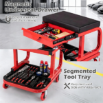 Rolling Garage Mechanic Stool with Magnetic Drawer & Segmented Tool Tray, 330 LBS Weight Capacity PU Padded Seat 4 Universal PP Wheels C-Shaped Metal Frame Red Black Workshop Roller Seat - Image 7