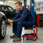 Rolling Garage Mechanic Stool with Magnetic Drawer & Segmented Tool Tray, 330 LBS Weight Capacity PU Padded Seat 4 Universal PP Wheels C-Shaped Metal Frame Red Black Workshop Roller Seat - Image 8