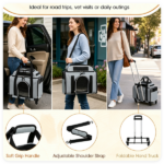 Multi-Way Portable Pet Rolling Carrier Trolley, Aluminum Alloy Frame Collapsible Pet Travel Bag with Safety Leash Padded Carry Handle for Vet Visits Road Trips Daily Walking Gray - Image 6