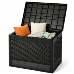25 Gallon Outdoor Deck Box, Weatherproof PP Storage Chest with Rattan Texture, Lockable Patio Organizer Box as Side Table Extra Seat - Black