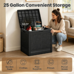 25 Gallon Outdoor Deck Box, Weatherproof PP Storage Chest with Rattan Texture, Lockable Patio Organizer Box as Side Table Extra Seat - Black - Image 7