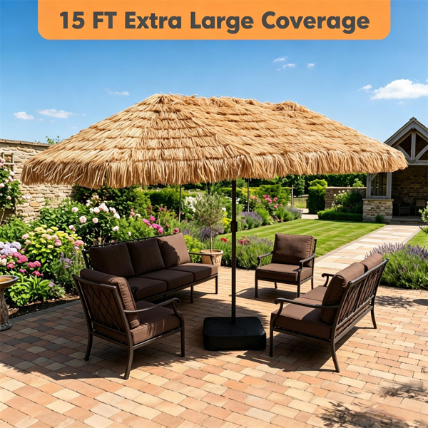 32122142_1 15 x 9 FT Double-Sided Solar LED Patio Umbrella, 144 LEDs 12 Modes Outdoor Thatch Umbrella with Type-C Charging & Weighted Base - Image 1