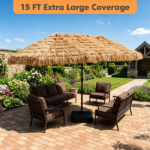 15 x 9 FT Double-Sided Solar LED Patio Umbrella, 144 LEDs 12 Modes Outdoor Thatch Umbrella with Type-C Charging & Weighted Base - Image 2