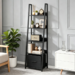 5-Tier Ladder Shelf with Fabric Drawer, Narrow Industrial Bookshelf with Anti-Tip Device & Back Baffle, Wooden Metal Storage Rack for Home Office - Black - Image 3
