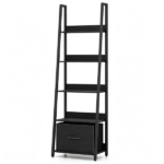 5-Tier Ladder Shelf with Fabric Drawer, Narrow Industrial Bookshelf with Anti-Tip Device & Back Baffle, Wooden Metal Storage Rack for Home Office - Black - Image 4