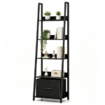 5-Tier Ladder Shelf with Fabric Drawer, Narrow Industrial Bookshelf with Anti-Tip Device & Back Baffle, Wooden Metal Storage Rack for Home Office - Black - Image 6