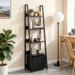 5-Tier Ladder Shelf with Fabric Drawer, Narrow Industrial Bookshelf with Anti-Tip Device & Back Baffle, Wooden Metal Storage Rack for Home Office - Black - Image 7