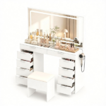 White Makeup Vanity Table with Touch Control 3-Color LED Lighted Mirror, Built-in Charging Station 2 AC Outlets & 2 USB Ports Tempered Glass Top Storage Drawers Cushioned Storage Stool Hair Dryer Holder Dressing Table Set