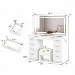 White Makeup Vanity Table with Touch Control 3-Color LED Lighted Mirror, Built-in Charging Station 2 AC Outlets & 2 USB Ports Tempered Glass Top Storage Drawers Cushioned Storage Stool Hair Dryer Holder Dressing Table Set - Image 3