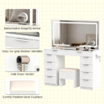 White Makeup Vanity Table with Touch Control 3-Color LED Lighted Mirror, Built-in Charging Station 2 AC Outlets & 2 USB Ports Tempered Glass Top Storage Drawers Cushioned Storage Stool Hair Dryer Holder Dressing Table Set - Image 6