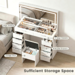 White Makeup Vanity Table with Touch Control 3-Color LED Lighted Mirror, Built-in Charging Station 2 AC Outlets & 2 USB Ports Tempered Glass Top Storage Drawers Cushioned Storage Stool Hair Dryer Holder Dressing Table Set - Image 7