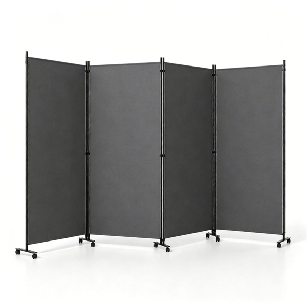 4 Panel Folding Rolling Room Divider with Lockable Universal Wheels, Non-See-Through Polyester Privacy Screen Adjustable Configurations Metal Frame Freestanding Partition for Bedroom Office Studio Grey
