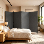 4 Panel Folding Rolling Room Divider with Lockable Universal Wheels, Non-See-Through Polyester Privacy Screen Adjustable Configurations Metal Frame Freestanding Partition for Bedroom Office Studio Grey - Image 3