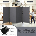 4 Panel Folding Rolling Room Divider with Lockable Universal Wheels, Non-See-Through Polyester Privacy Screen Adjustable Configurations Metal Frame Freestanding Partition for Bedroom Office Studio Grey - Image 8