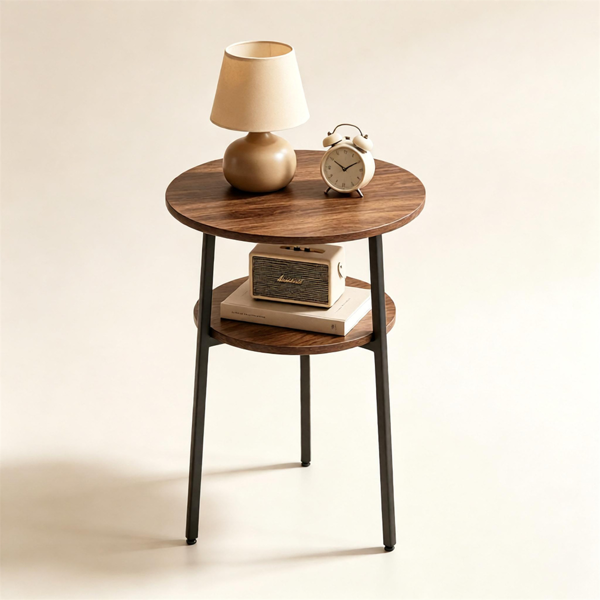 2-Tier Round Side End Table with Storage Shelf, Heavy Duty Metal Frame Adjustable Foot Pads 115 LBS Total Capacity Compact Nightstand for Living Room Bedroom Small Space Rustic Brown