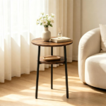 2-Tier Round Side End Table with Storage Shelf, Heavy Duty Metal Frame Adjustable Foot Pads 115 LBS Total Capacity Compact Nightstand for Living Room Bedroom Small Space Rustic Brown - Image 5