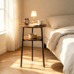 2-Tier Round Side End Table with Storage Shelf, Heavy Duty Metal Frame Adjustable Foot Pads 115 LBS Total Capacity Compact Nightstand for Living Room Bedroom Small Space Rustic Brown - Image 6