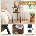 2-Tier Round Side End Table with Storage Shelf, Heavy Duty Metal Frame Adjustable Foot Pads 115 LBS Total Capacity Compact Nightstand for Living Room Bedroom Small Space Rustic Brown - Image 8