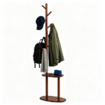 Freestanding Wooden Coat Rack with 8 Staggered Hooks & 2 Storage Shelves, Rubber Wood Hall Tree Organizer for Entryway Bedroom Living Room - Image 2