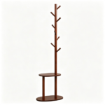 Freestanding Wooden Coat Rack with 8 Staggered Hooks & 2 Storage Shelves, Rubber Wood Hall Tree Organizer for Entryway Bedroom Living Room - Image 3