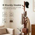 Freestanding Wooden Coat Rack with 8 Staggered Hooks & 2 Storage Shelves, Rubber Wood Hall Tree Organizer for Entryway Bedroom Living Room - Image 6