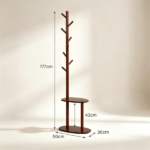 Freestanding Wooden Coat Rack with 8 Staggered Hooks & 2 Storage Shelves, Rubber Wood Hall Tree Organizer for Entryway Bedroom Living Room - Image 7