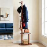 Freestanding Wooden Coat Rack with 8 Staggered Hooks & 2 Storage Shelves, Rubber Wood Hall Tree Organizer for Entryway Bedroom Living Room - Image 8
