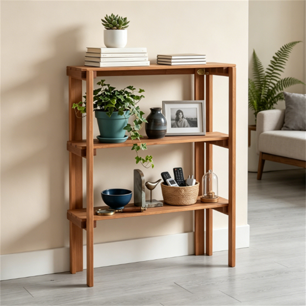 Natural Wood Folding Storage Shelf, Slatted Drainage Design Portable Display Rack for Indoor Outdoor Shoe & Plant Organizer 3-Tier Storage Shelves
