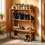 Natural Wood Folding Storage Shelf, Slatted Drainage Design Portable Display Rack for Indoor Outdoor Shoe & Plant Organizer 3-Tier Storage Shelves - Image 5