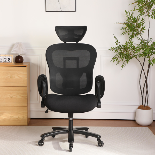 500LBS Big and Tall Office Chair Mesh Breathable, Gaming Chair with Adjustable Backrest Height & Headrest Angle & Adaptive Lumbar Lupport, Executive Computer Desk Chair with 2D Flip-Up Arms,Black.
