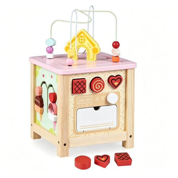 Wooden Activity Cube for Toddlers, Multi-Side Play Center with Pretend Kitchen & Storage Compartment, Montessori Educational Toy for 18+ Months
