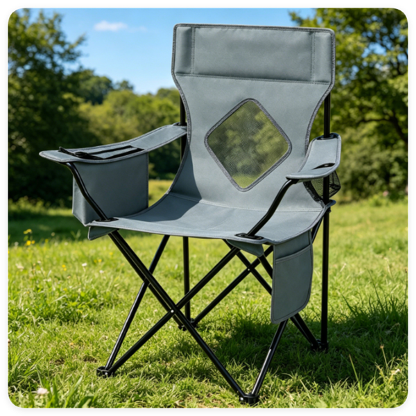 44039917_1 Folding Camping Chair, Heavy-Duty Metal Frame Portable Outdoor Chair with Cup Holder, Insulated Cooler Bag & Side Pocket for Camping Fishing Beach - Gray - Image 1