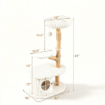 41 Inch Solid Pear Wood Cat Tree Tower Multi-Level Vertical Playground with Plush Top Perch Private Cat Condo Natural Jute Scratching Posts Dangling Toy Ball Washable Cushion for Multiple Cats Beige - Image 3