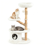 41 Inch Solid Pear Wood Cat Tree Tower Multi-Level Vertical Playground with Plush Top Perch Private Cat Condo Natural Jute Scratching Posts Dangling Toy Ball Washable Cushion for Multiple Cats Beige - Image 4