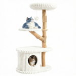 41 Inch Solid Pear Wood Cat Tree Tower Multi-Level Vertical Playground with Plush Top Perch Private Cat Condo Natural Jute Scratching Posts Dangling Toy Ball Washable Cushion for Multiple Cats Beige - Image 5