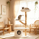 41 Inch Solid Pear Wood Cat Tree Tower Multi-Level Vertical Playground with Plush Top Perch Private Cat Condo Natural Jute Scratching Posts Dangling Toy Ball Washable Cushion for Multiple Cats Beige - Image 6