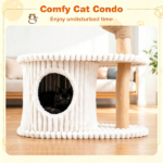 41 Inch Solid Pear Wood Cat Tree Tower Multi-Level Vertical Playground with Plush Top Perch Private Cat Condo Natural Jute Scratching Posts Dangling Toy Ball Washable Cushion for Multiple Cats Beige - Image 7