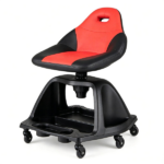 360° Swivel Rolling Mechanic Stool with Hollow Cutout Backrest, Under Seat Tool Tray 6 Universal Wheels Heavy Duty 330 LBS Capacity Anti-Tip Wide Base Garage Workshop Roller Seat Black Red - Image 4