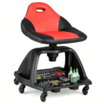 360° Swivel Rolling Mechanic Stool with Hollow Cutout Backrest, Under Seat Tool Tray 6 Universal Wheels Heavy Duty 330 LBS Capacity Anti-Tip Wide Base Garage Workshop Roller Seat Black Red - Image 5