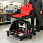 360° Swivel Rolling Mechanic Stool with Hollow Cutout Backrest, Under Seat Tool Tray 6 Universal Wheels Heavy Duty 330 LBS Capacity Anti-Tip Wide Base Garage Workshop Roller Seat Black Red - Image 7