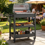 Outdoor Grill Cart Table with Handles, Indoor and Outdoor Pizza Oven Table with Lockable Wheels,3-Tier Mobile Multifunctional Organizer Table for Grilling Fans,26.38"H x 23.62"W x 13.78"D Black