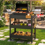 Outdoor Grill Cart Table with Handles, Indoor and Outdoor Pizza Oven Table with Lockable Wheels,3-Tier Mobile Multifunctional Organizer Table for Grilling Fans,26.38"H x 23.62"W x 13.78"D Black - Image 4