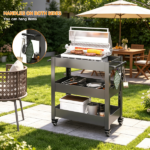 Outdoor Grill Cart Table with Handles, Indoor and Outdoor Pizza Oven Table with Lockable Wheels,3-Tier Mobile Multifunctional Organizer Table for Grilling Fans,26.38"H x 23.62"W x 13.78"D Black - Image 6