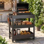 Outdoor Grill Cart Table with Handles, Indoor and Outdoor Pizza Oven Table with Lockable Wheels,3-Tier Mobile Multifunctional Organizer Table for Grilling Fans,26.38"H x 23.62"W x 13.78"D Black - Image 8