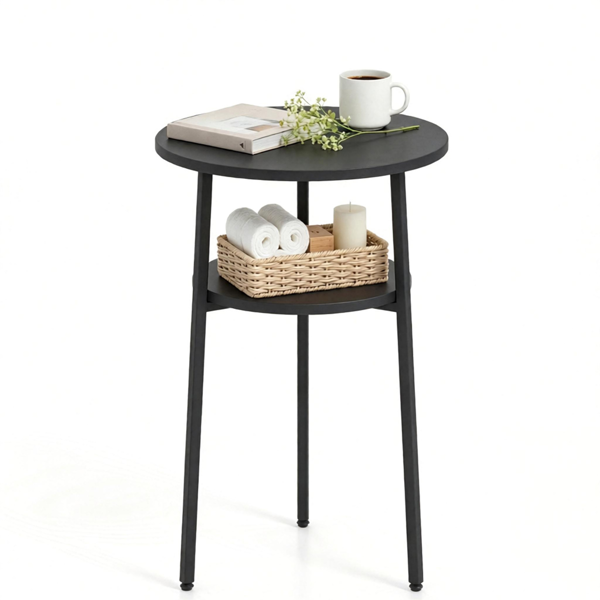 2-Tier Round Side End Table with Storage Shelf, Heavy Duty Metal Frame Adjustable Foot Pads 115 LBS Total Capacity Compact Nightstand for Living Room Bedroom Small Space Black