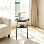 2-Tier Round Side End Table with Storage Shelf, Heavy Duty Metal Frame Adjustable Foot Pads 115 LBS Total Capacity Compact Nightstand for Living Room Bedroom Small Space Black - Image 5