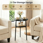 2-Tier Round Side End Table with Storage Shelf, Heavy Duty Metal Frame Adjustable Foot Pads 115 LBS Total Capacity Compact Nightstand for Living Room Bedroom Small Space Black - Image 6